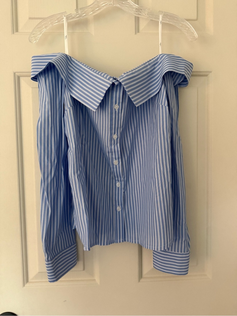 Lulu's Blue and White Striped Off-Shoulder Button-Up Top